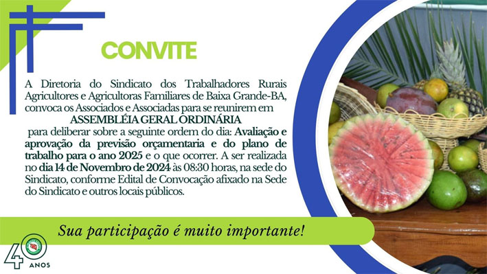 Sindicato dos Trabalhadores Rurais de Baixa Grande promove Assembleia geral em 14 de novembro