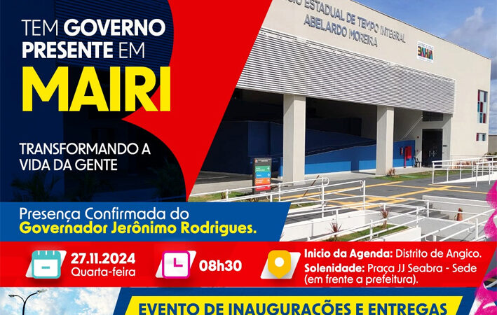 Governador da Bahia visita Mairi nesta quarta-feira, 26 de novembro