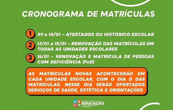 Divulgado o Cronograma de Matriculas na Rede Municipal de Baixa Grande